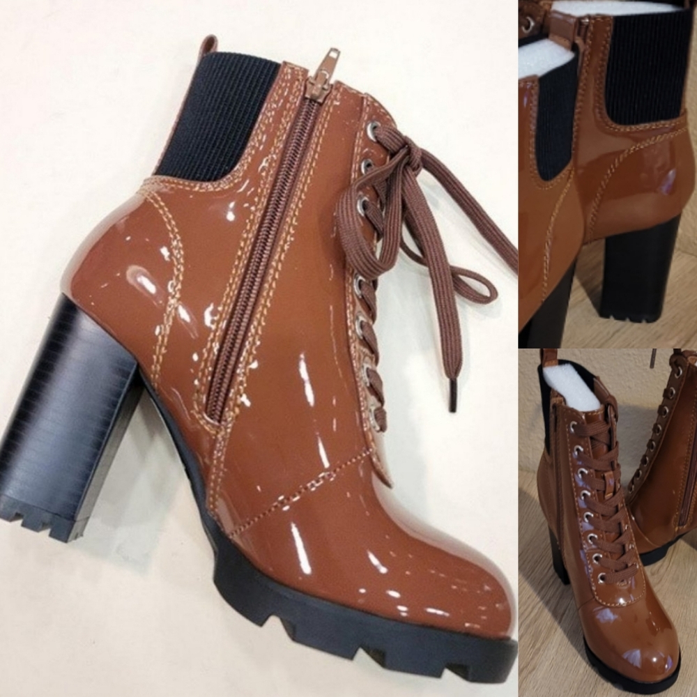 Cognac Shiny Glossy Man Made Leather Lace Up Chunky Bootie - Picture 4 of 7
